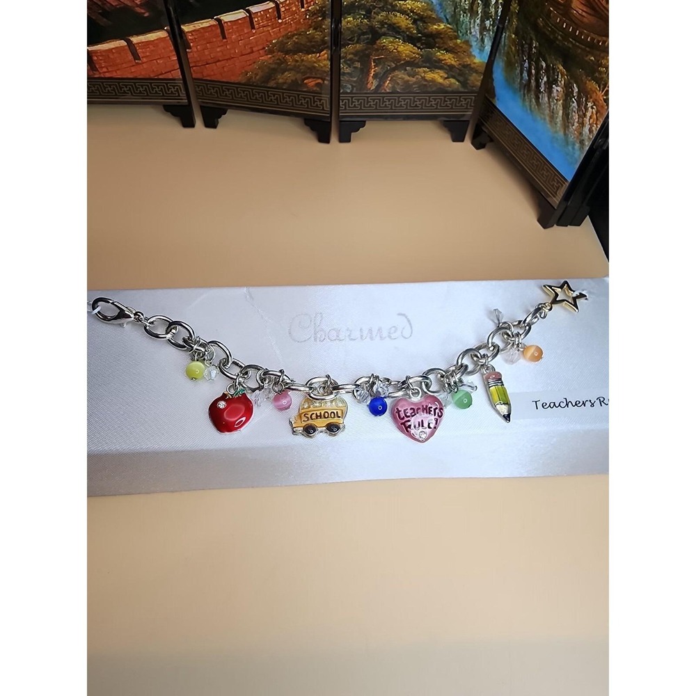 AJMC Signed Teacher's Care Silver Tone Bracelet Apple Pencil School Bus‎